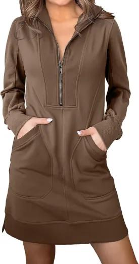 AlvaQ Sweatshirt Dress for Women Fall Winter Casual Long Sleeve Half Zip V Neck Pullover Tunic Tops Mini Dress with Pockets