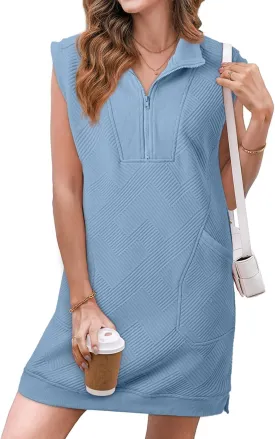AlvaQ Womens Summer Dresses 2025 Casual Sleeveless Half Zip V Neck Tunic Sweatshirt Mini Dress with Pockets