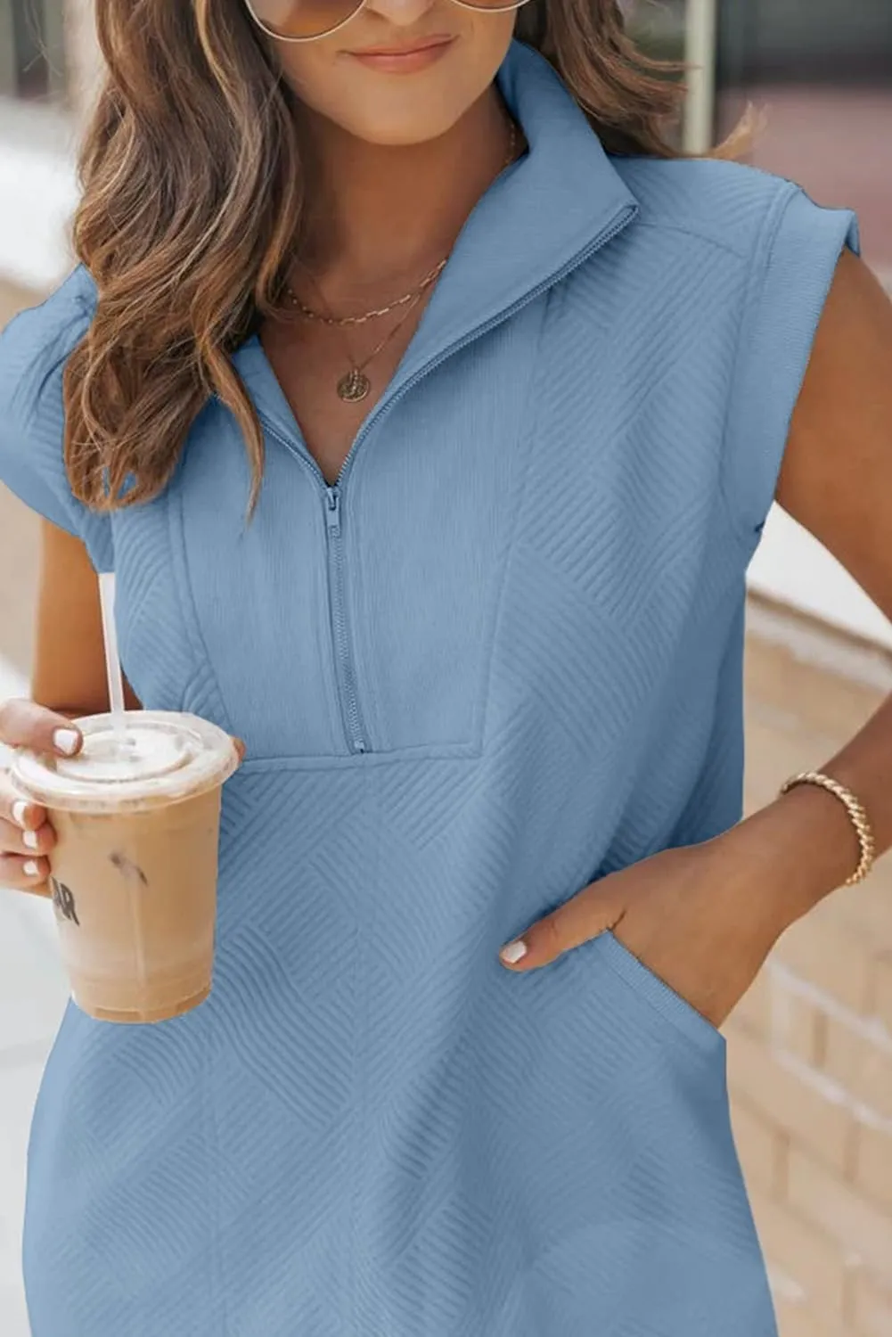 AlvaQ Womens Summer Dresses 2025 Casual Sleeveless Half Zip V Neck Tunic Sweatshirt Mini Dress with Pockets