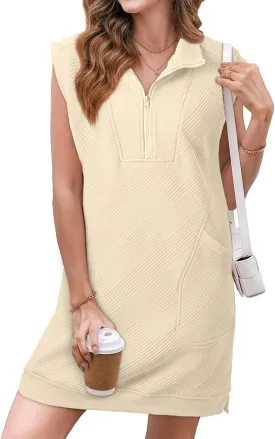 AlvaQ Womens Summer Dresses 2025 Casual Sleeveless Half Zip V Neck Tunic Sweatshirt Mini Dress with Pockets