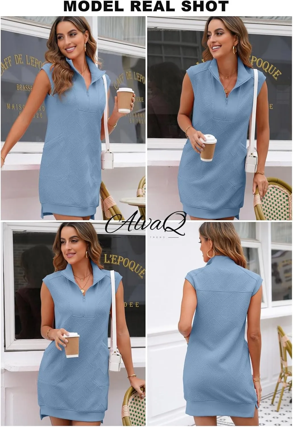 AlvaQ Womens Summer Dresses 2025 Casual Sleeveless Half Zip V Neck Tunic Sweatshirt Mini Dress with Pockets