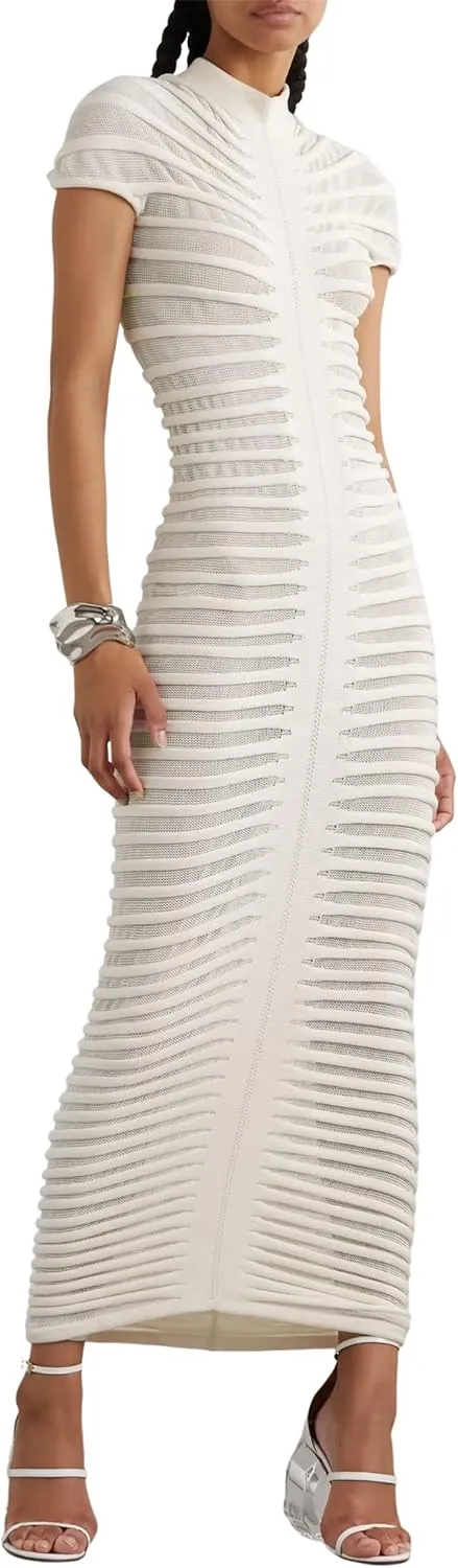 Atyfuniby Womens Sweater Bodycon Dresses Short Sleeve Crochet Knit Tube Sheer Stripe Mock Neck Midi Dress