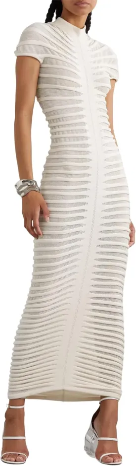 Atyfuniby Womens Sweater Bodycon Dresses Short Sleeve Crochet Knit Tube Sheer Stripe Mock Neck Midi Dress