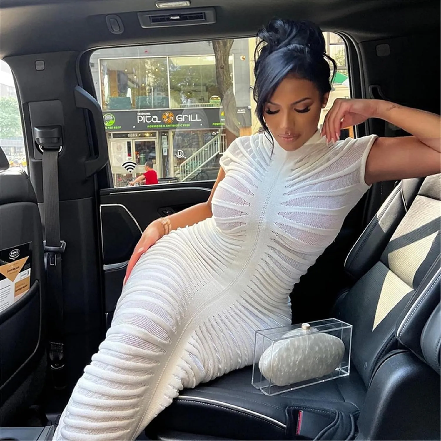 Atyfuniby Womens Sweater Bodycon Dresses Short Sleeve Crochet Knit Tube Sheer Stripe Mock Neck Midi Dress
