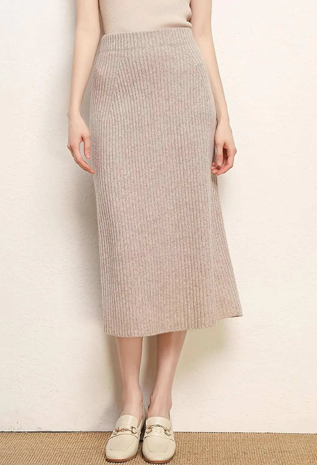 chouyatou Women's Fall Elastic High Waist Midi Rib Knit Skirt Office Work Bodycon Sweater Pencil Skirt