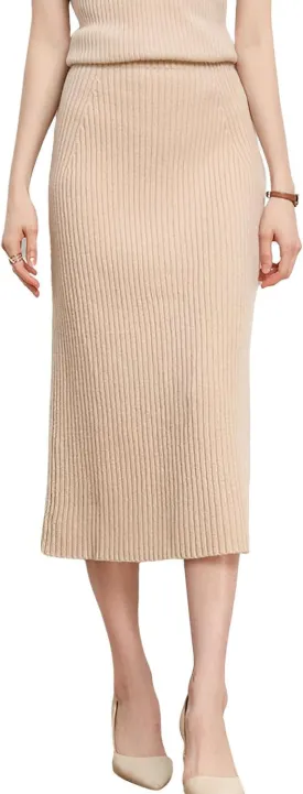 chouyatou Women's Fall Elastic High Waist Midi Rib Knit Skirt Office Work Bodycon Sweater Pencil Skirt