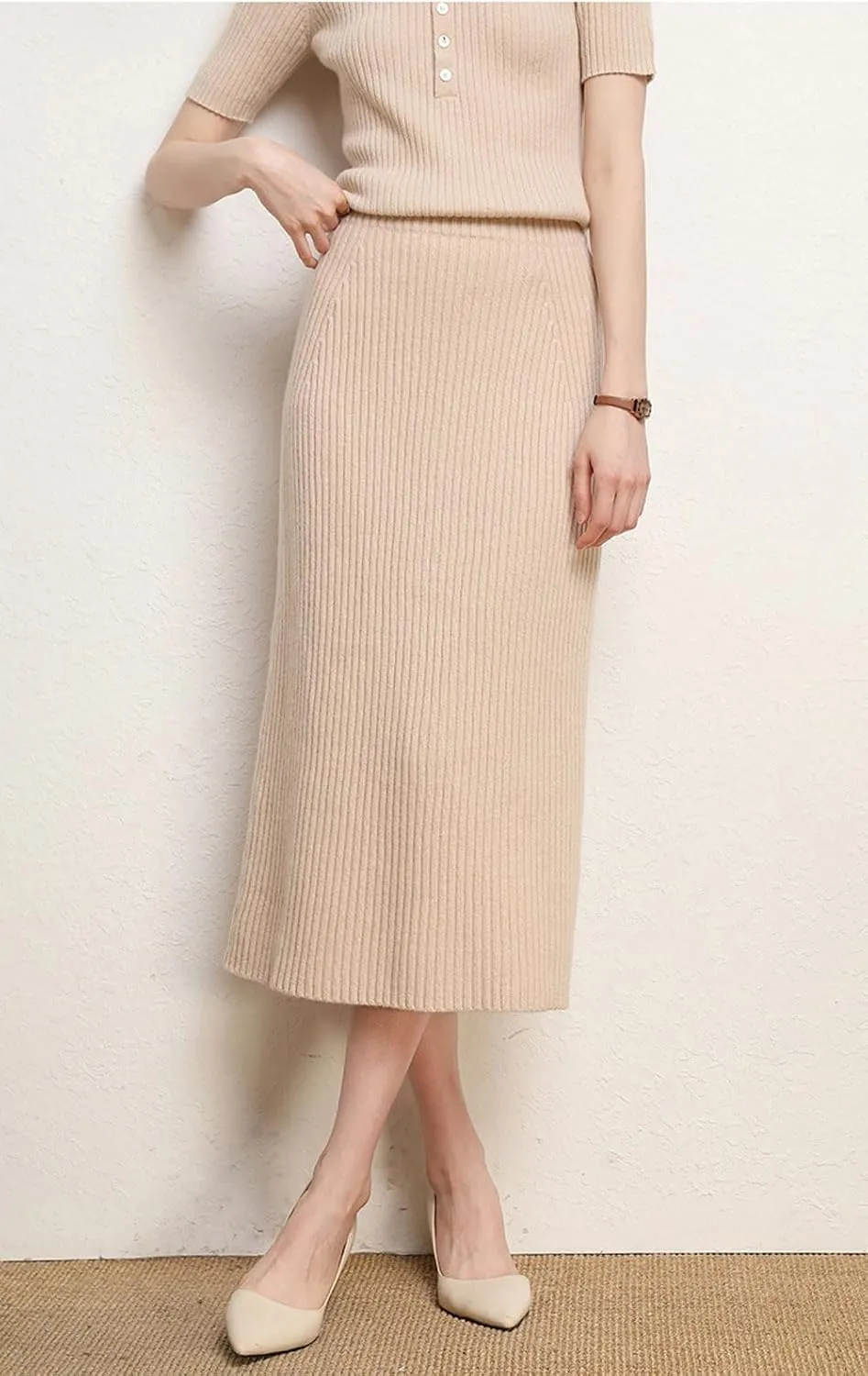 chouyatou Women's Fall Elastic High Waist Midi Rib Knit Skirt Office Work Bodycon Sweater Pencil Skirt