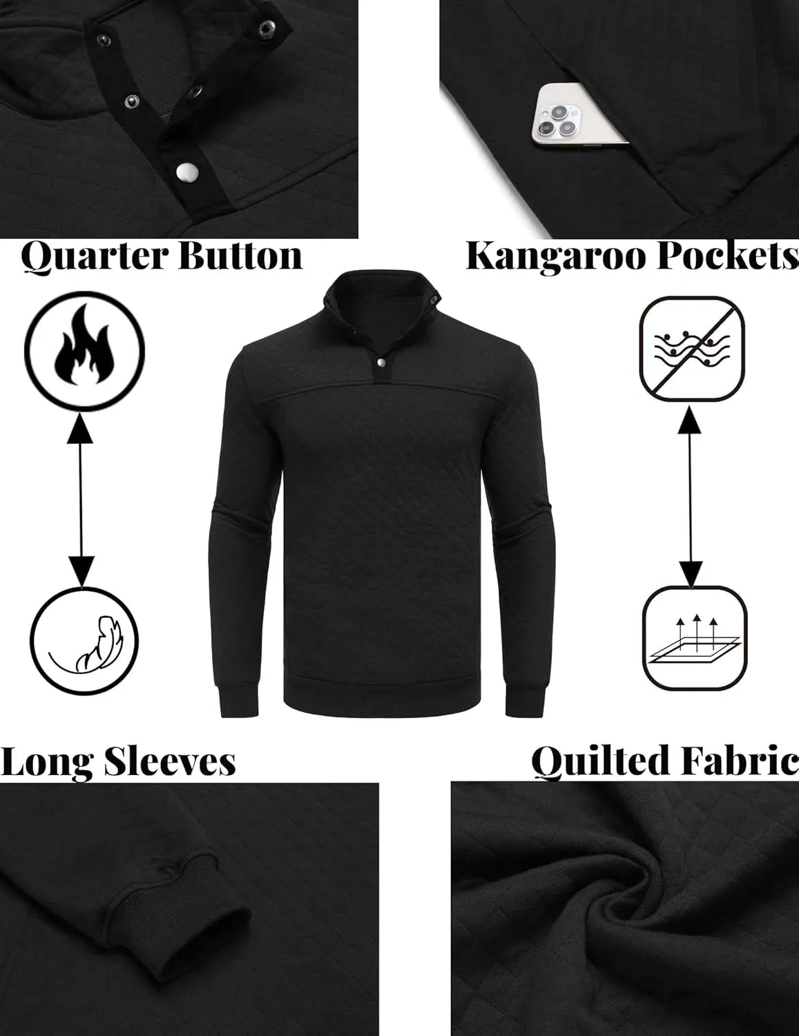 COOFANDY Mens Quarter Sweatshirt Quilted Long Sleeve Mock Neck Active Sweater Waffle Pullover Polo Shirts With Pockets
