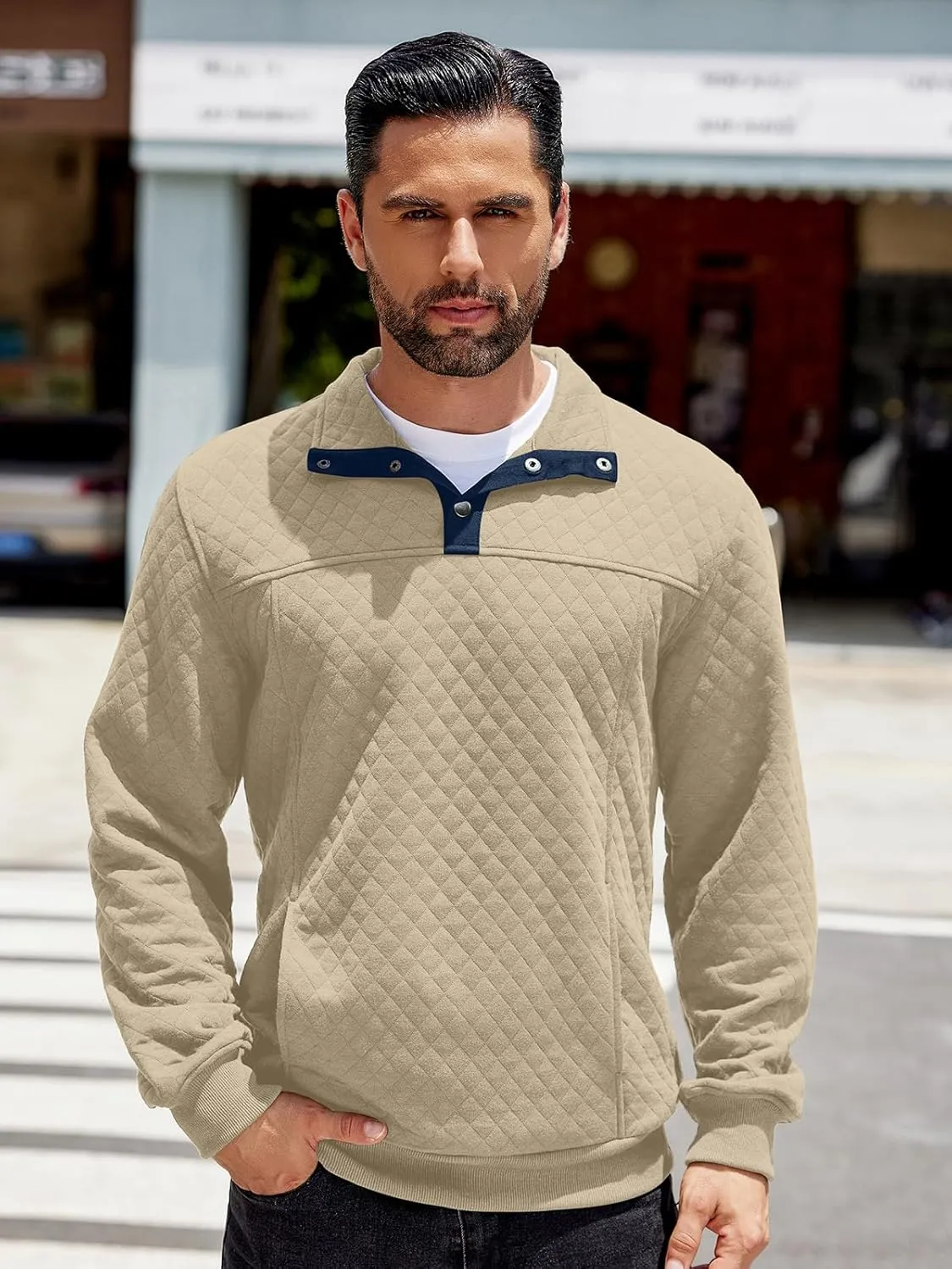 COOFANDY Mens Quarter Sweatshirt Quilted Long Sleeve Mock Neck Active Sweater Waffle Pullover Polo Shirts With Pockets