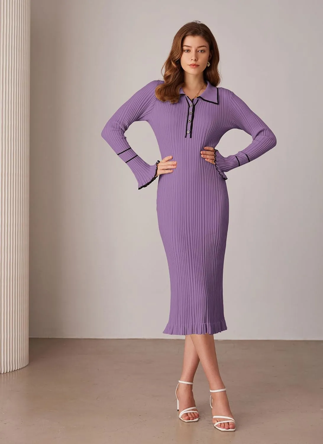 GRACE KARIN Women's 2024 Long Sleeve Sweater Dress Button Knit Slim Fit Casual V Neck Elegant Bodycon Midi Dresses