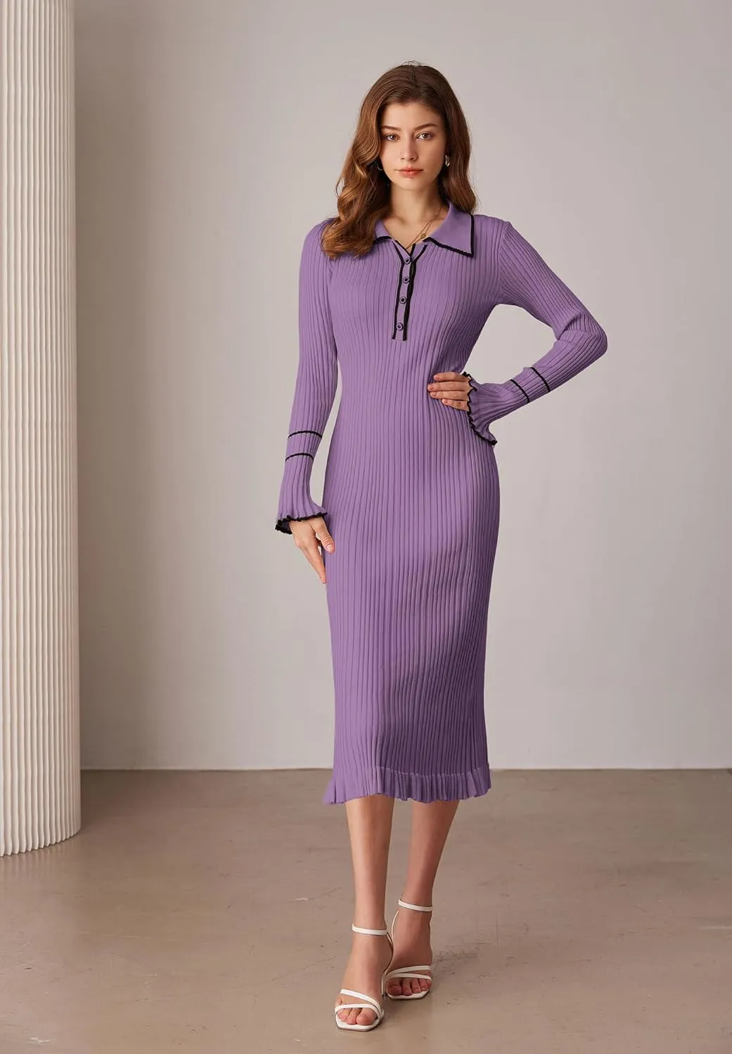 GRACE KARIN Women's 2024 Long Sleeve Sweater Dress Button Knit Slim Fit Casual V Neck Elegant Bodycon Midi Dresses
