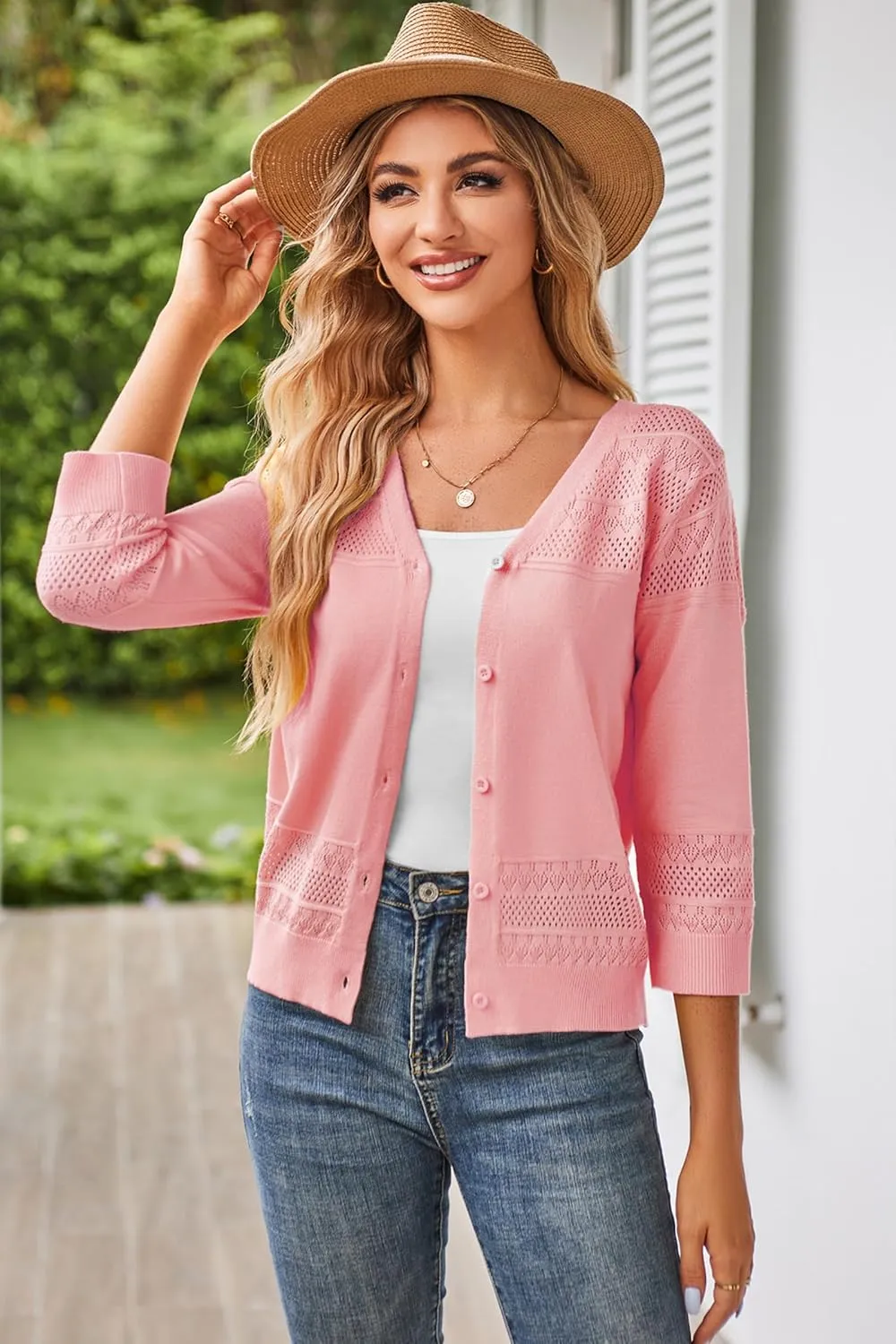 GRACE KARIN Women's 2025 Cropped Cardigan 3/4 Sleeve Lightweight Crochet Shrug Hollowed-Out Knit Sweater Tops