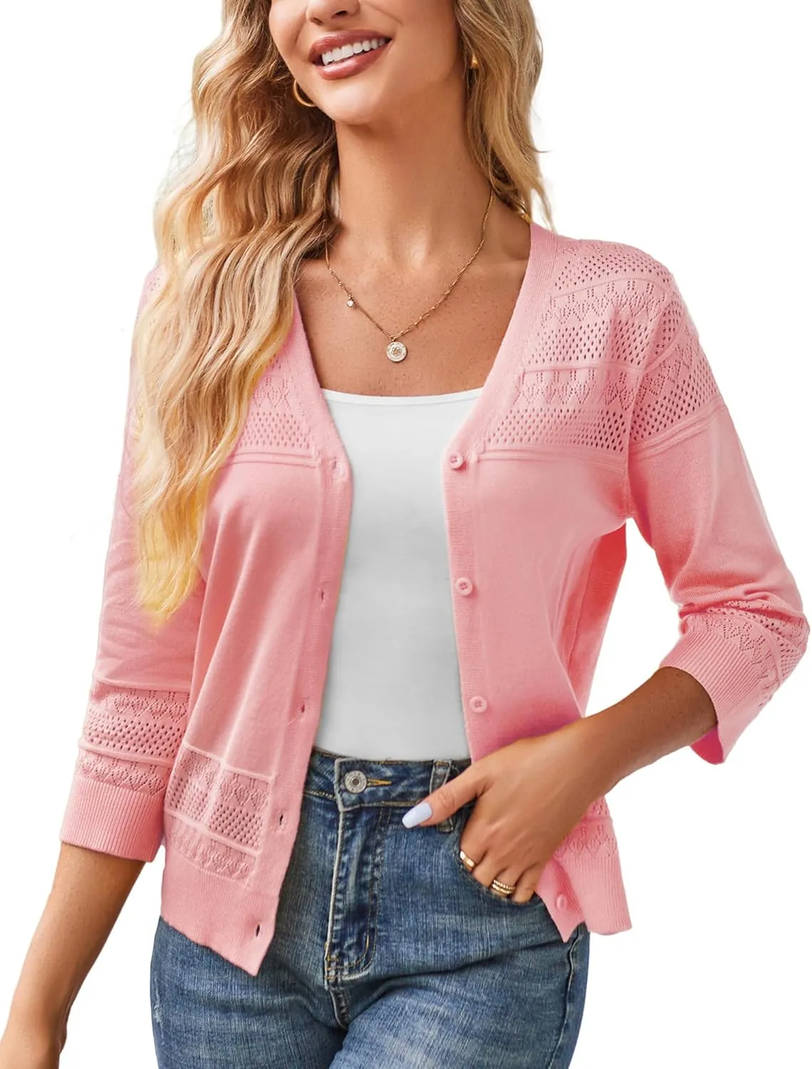 GRACE KARIN Women's 2025 Cropped Cardigan 3/4 Sleeve Lightweight Crochet Shrug Hollowed-Out Knit Sweater Tops