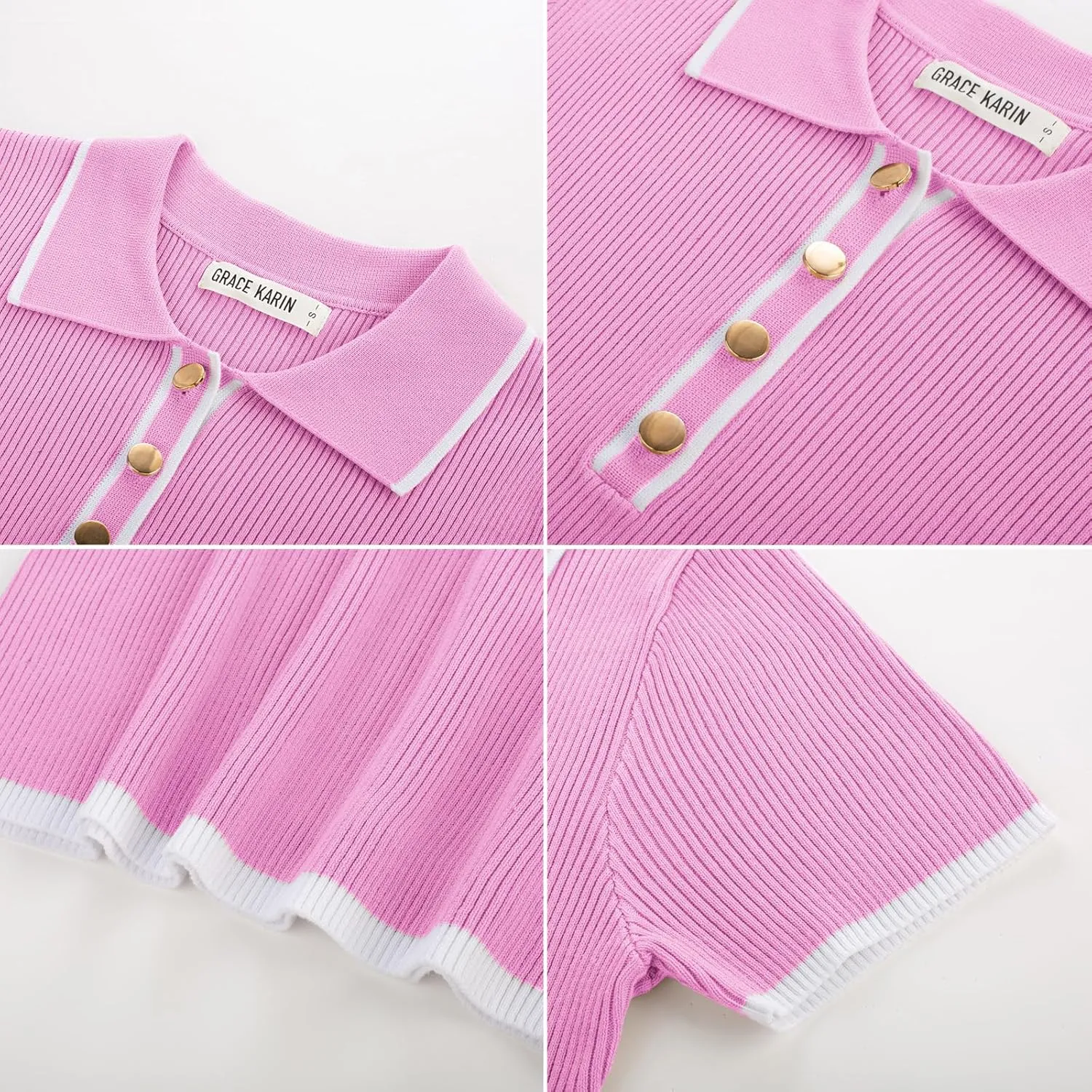GRACE KARIN Women's Short Sleeve Sweaters Tops Polo V Neck Ribbed Knit Pullover Business Shirts 2025 Summer Outfits