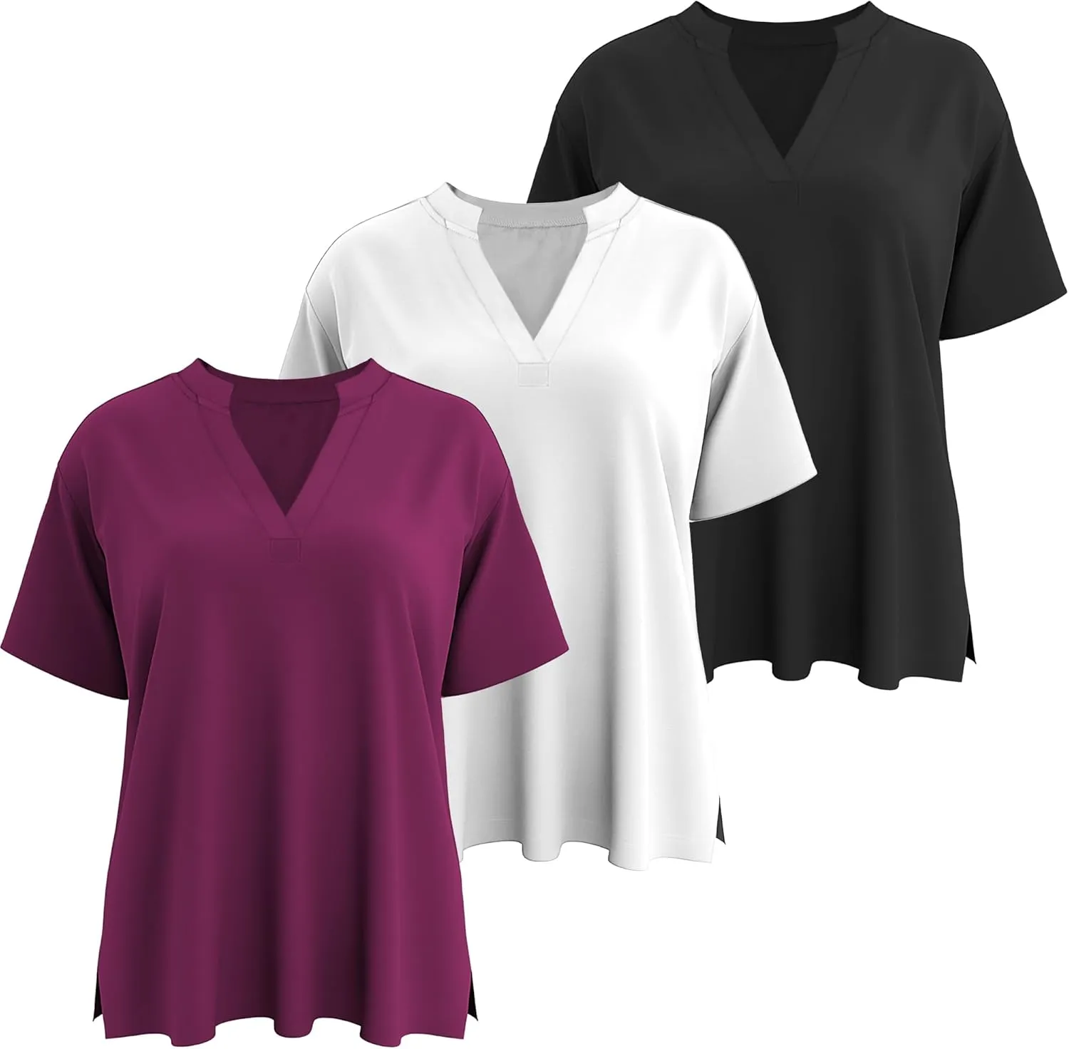 Huukeay 3 Pack Women's Oversized Gym T Shirts V Neck Casual Short Sleeve Side Slits Tops Cotton Workout Baggy Basic Tees