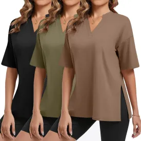 Huukeay 3 Pack Women's Oversized Gym T Shirts V Neck Casual Short Sleeve Side Slits Tops Cotton Workout Baggy Basic Tees