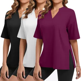 Huukeay 3 Pack Women's Oversized Gym T Shirts V Neck Casual Short Sleeve Side Slits Tops Cotton Workout Baggy Basic Tees