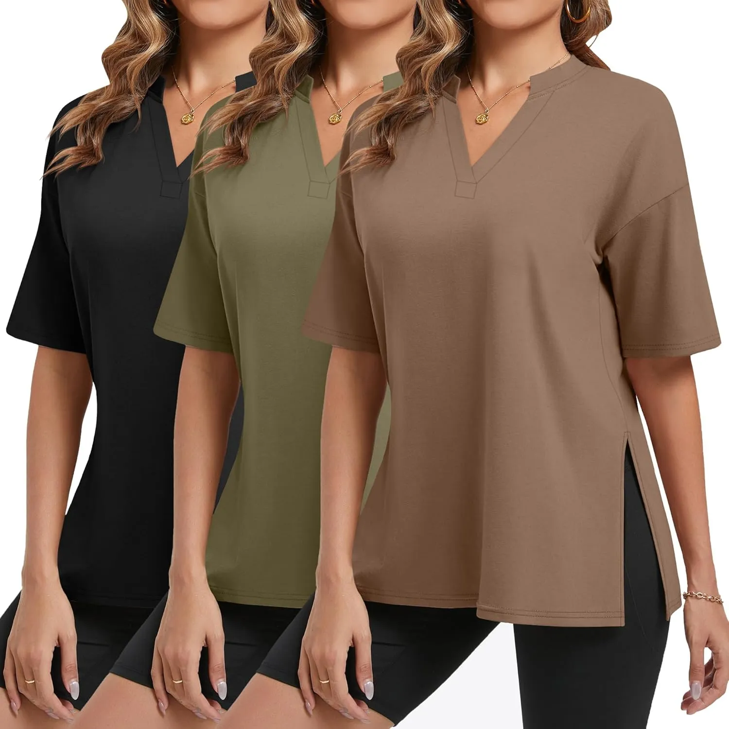 Huukeay 3 Pack Women's Oversized Gym T Shirts V Neck Casual Short Sleeve Side Slits Tops Cotton Workout Baggy Basic Tees
