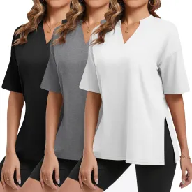 Huukeay 3 Pack Women's Oversized Gym T Shirts V Neck Casual Short Sleeve Side Slits Tops Cotton Workout Baggy Basic Tees