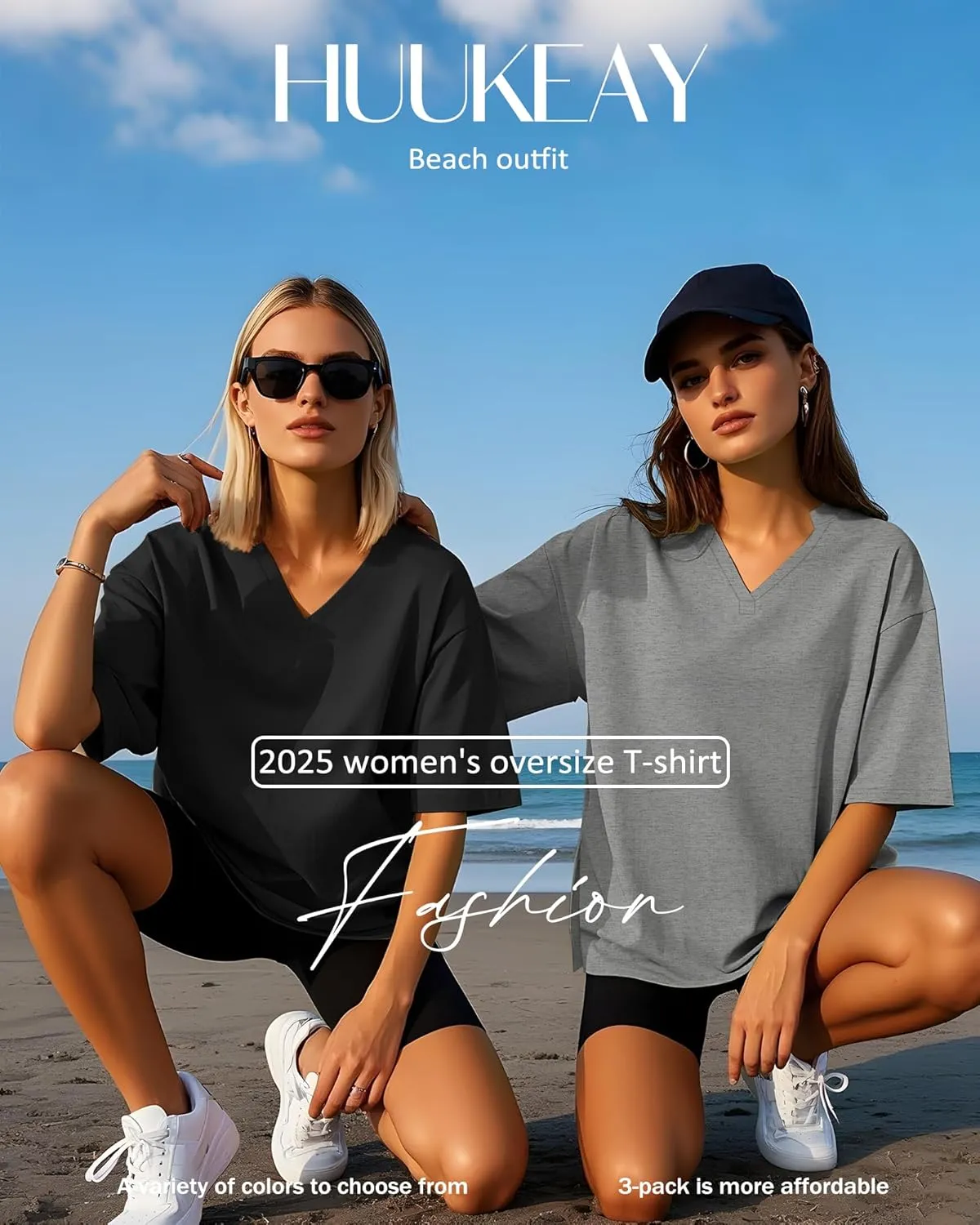 Huukeay 3 Pack Women's Oversized Gym T Shirts V Neck Casual Short Sleeve Side Slits Tops Cotton Workout Baggy Basic Tees