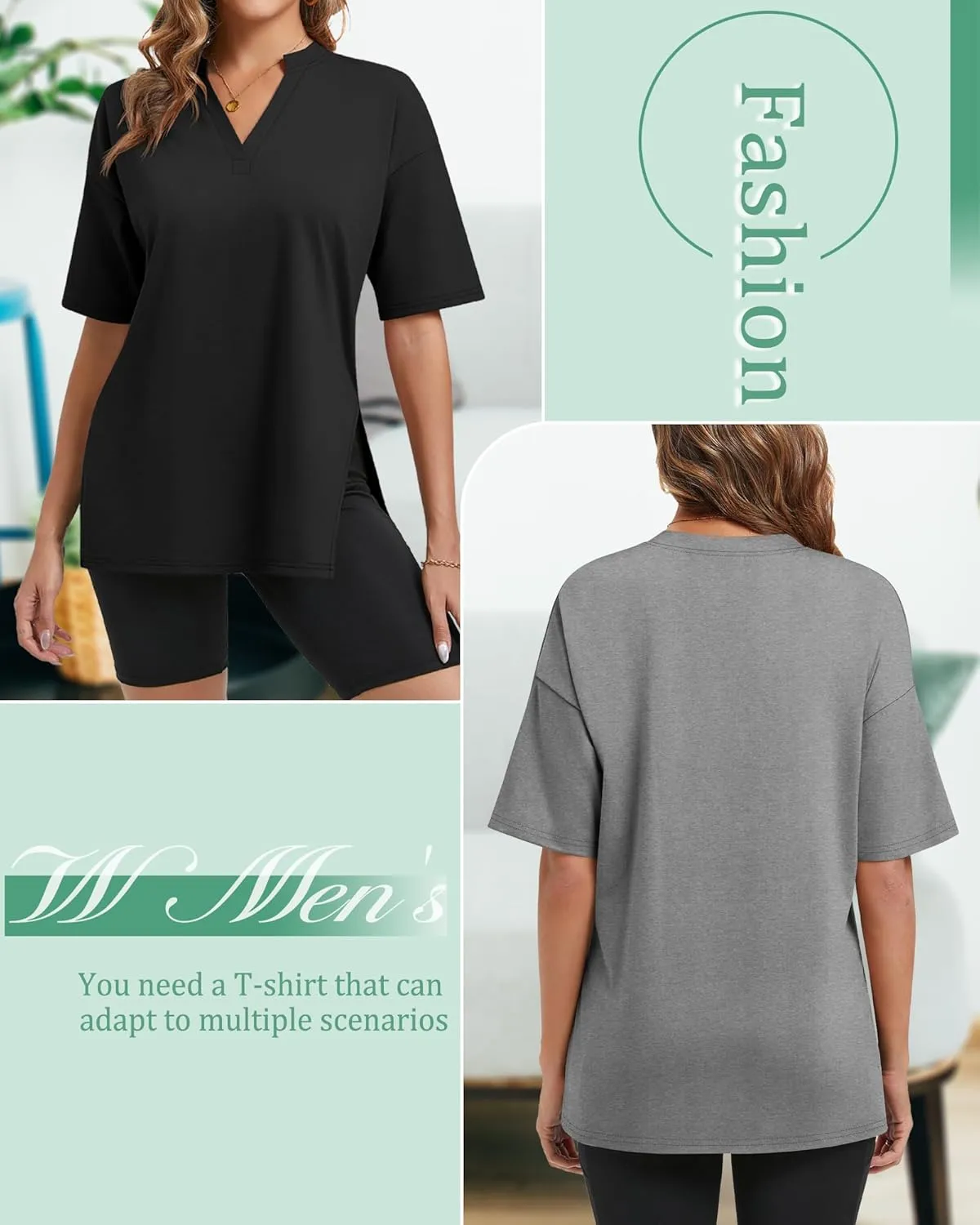 Huukeay 3 Pack Women's Oversized Gym T Shirts V Neck Casual Short Sleeve Side Slits Tops Cotton Workout Baggy Basic Tees