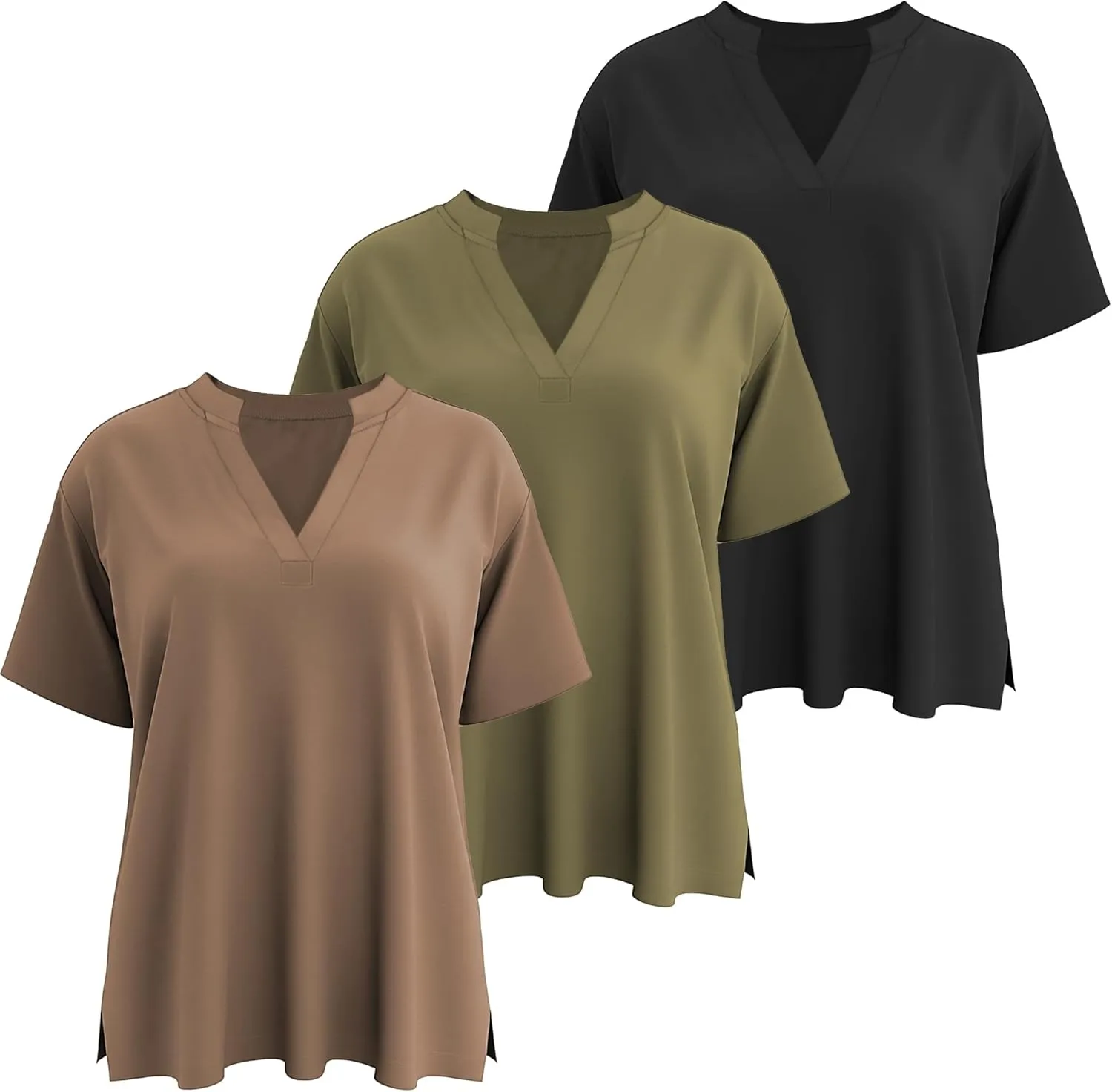 Huukeay 3 Pack Women's Oversized Gym T Shirts V Neck Casual Short Sleeve Side Slits Tops Cotton Workout Baggy Basic Tees