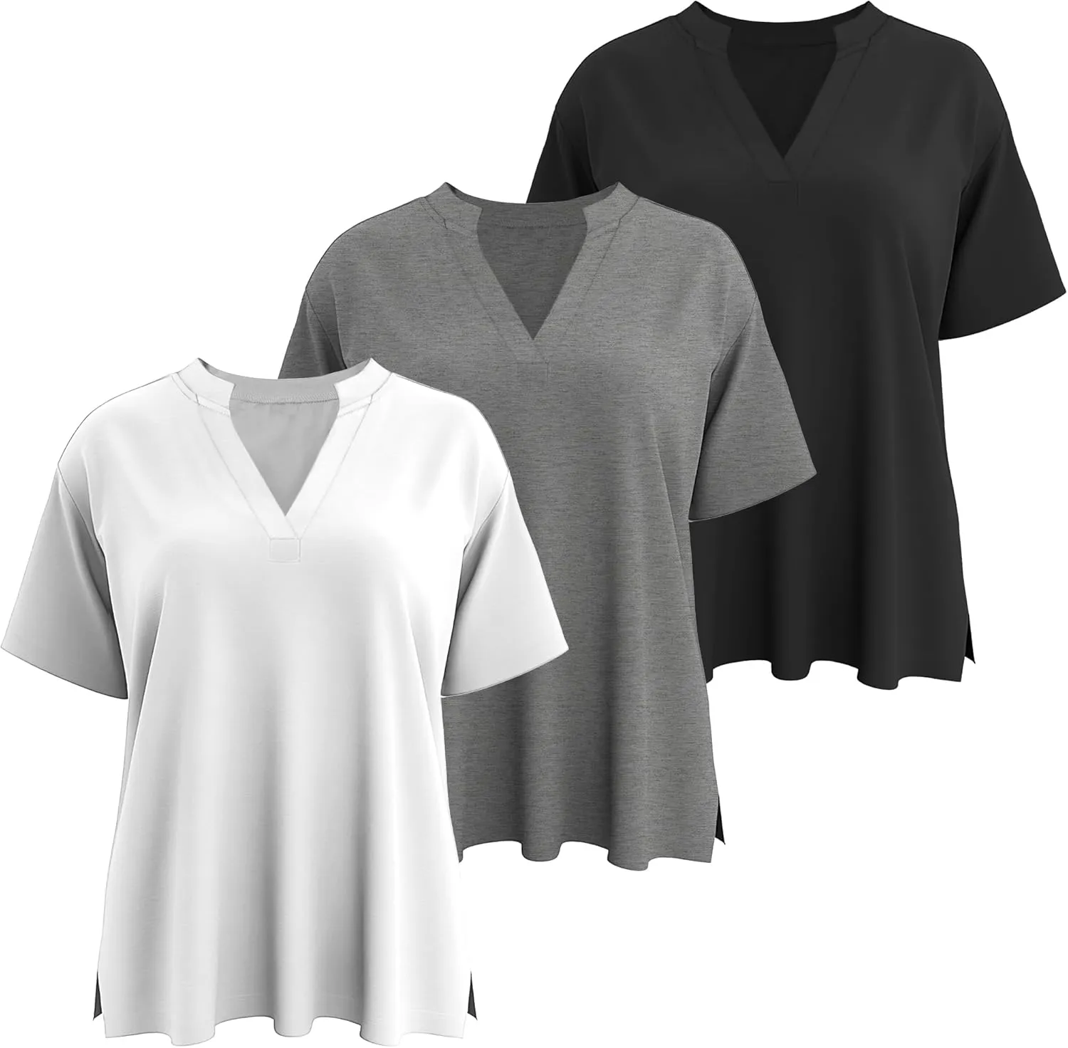 Huukeay 3 Pack Women's Oversized Gym T Shirts V Neck Casual Short Sleeve Side Slits Tops Cotton Workout Baggy Basic Tees