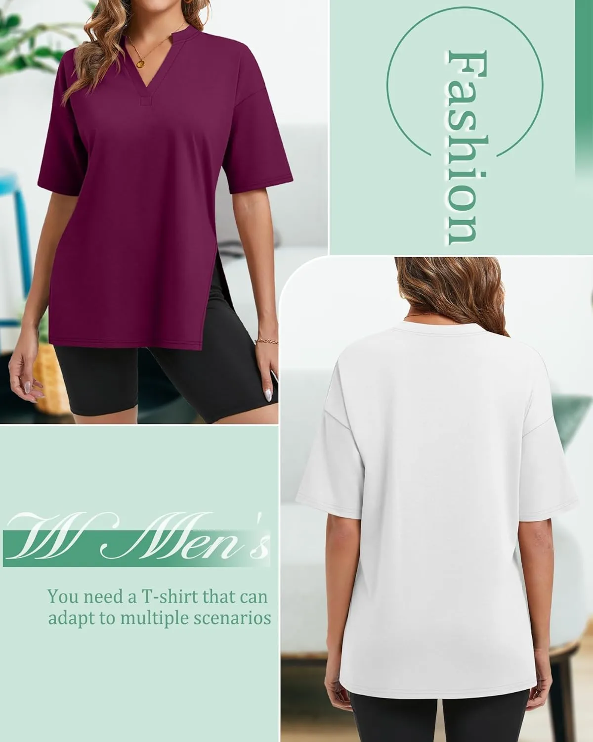 Huukeay 3 Pack Women's Oversized Gym T Shirts V Neck Casual Short Sleeve Side Slits Tops Cotton Workout Baggy Basic Tees