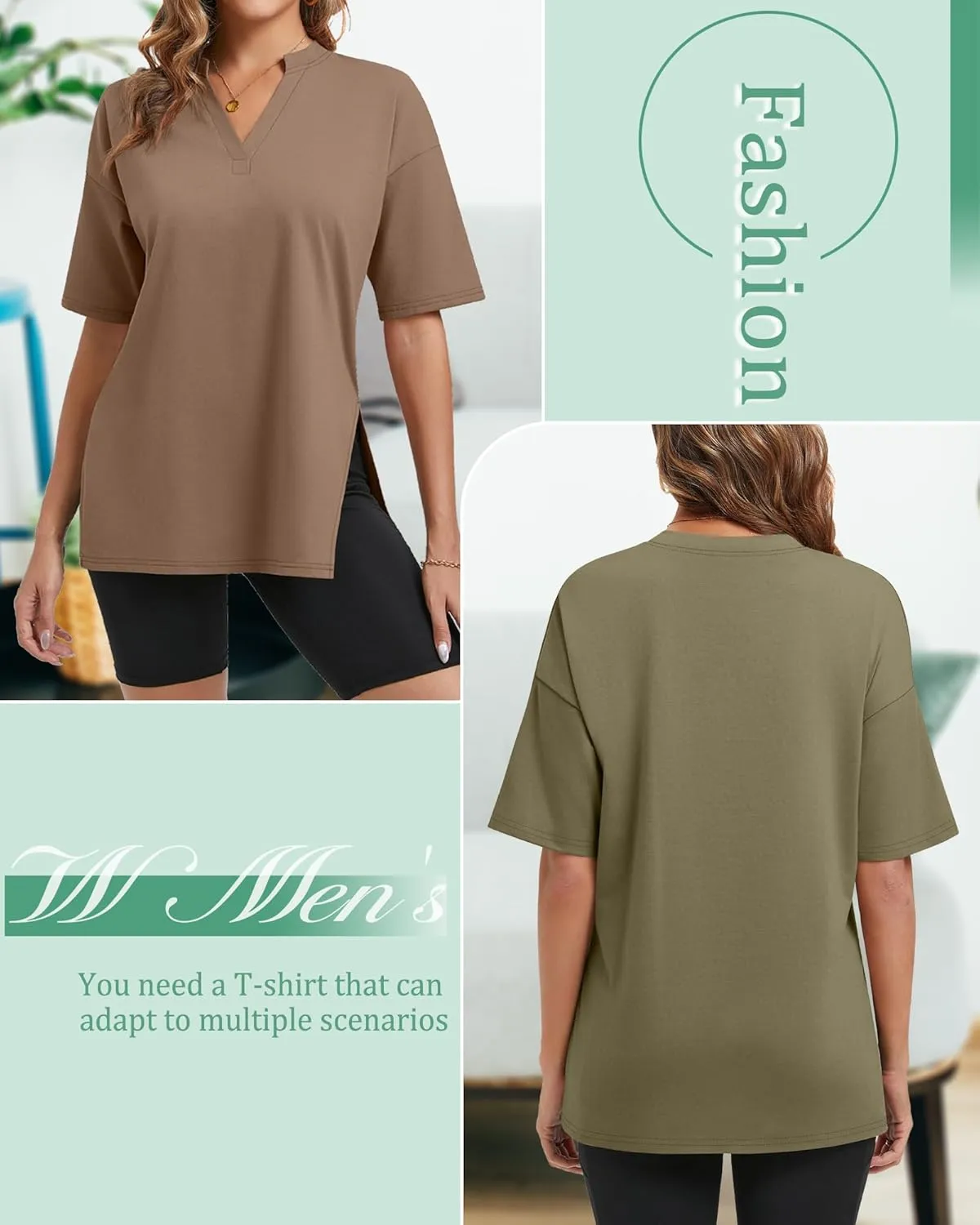 Huukeay 3 Pack Women's Oversized Gym T Shirts V Neck Casual Short Sleeve Side Slits Tops Cotton Workout Baggy Basic Tees