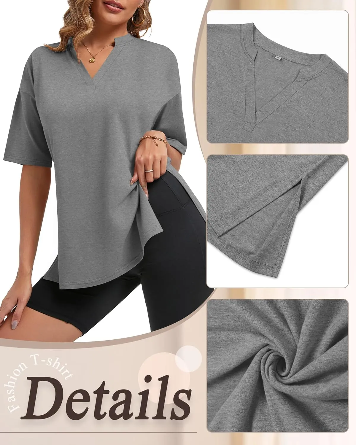 Huukeay 3 Pack Women's Oversized Gym T Shirts V Neck Casual Short Sleeve Side Slits Tops Cotton Workout Baggy Basic Tees