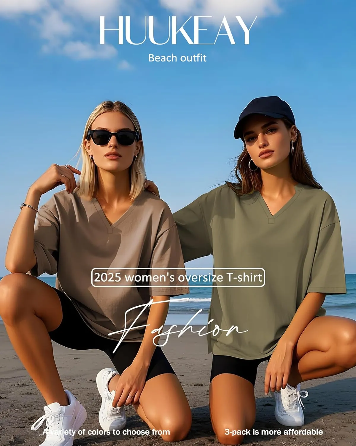 Huukeay 3 Pack Women's Oversized Gym T Shirts V Neck Casual Short Sleeve Side Slits Tops Cotton Workout Baggy Basic Tees