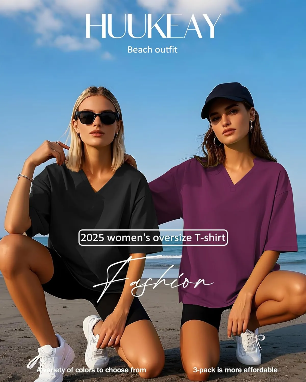 Huukeay 3 Pack Women's Oversized Gym T Shirts V Neck Casual Short Sleeve Side Slits Tops Cotton Workout Baggy Basic Tees