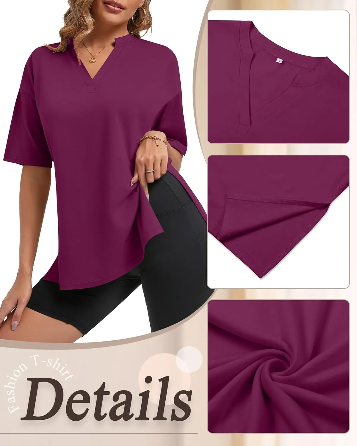 Huukeay 3 Pack Women's Oversized Gym T Shirts V Neck Casual Short Sleeve Side Slits Tops Cotton Workout Baggy Basic Tees