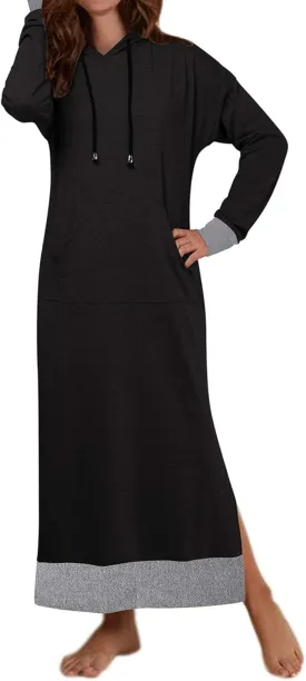 Jacansi Women's Long Sleeve Solid Loose Hooded Sweatshirt Maxi Dress with Pocket