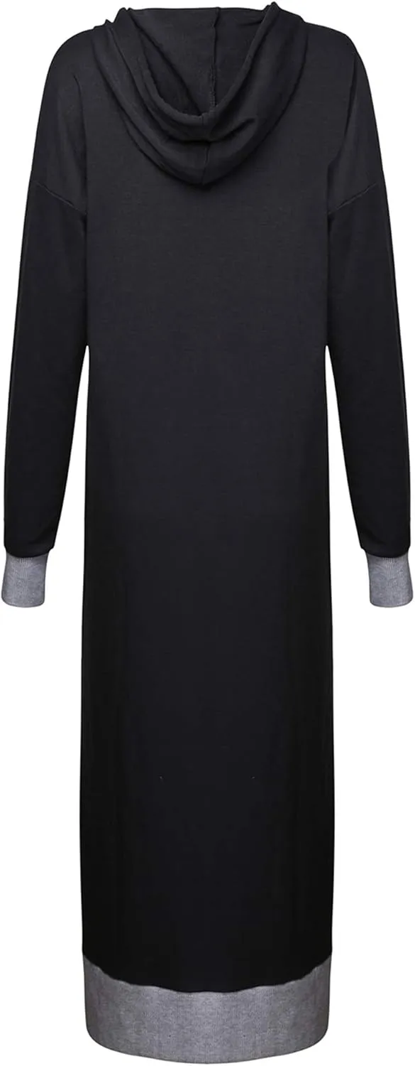 Jacansi Women's Long Sleeve Solid Loose Hooded Sweatshirt Maxi Dress with Pocket