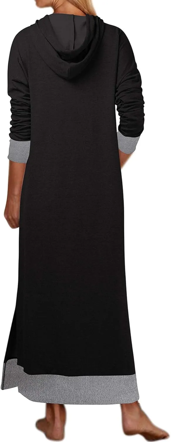 Jacansi Women's Long Sleeve Solid Loose Hooded Sweatshirt Maxi Dress with Pocket
