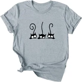 Lailezou Women's Three Cats Pattern Solid Color Printing O-Neck Simple T-Shirt Summer Casual Basic Short-Sleeved top