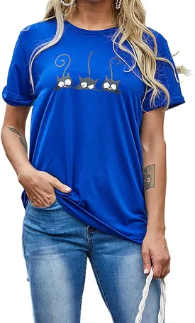 Lailezou Women's Three Cats Pattern Solid Color Printing O-Neck Simple T-Shirt Summer Casual Basic Short-Sleeved top