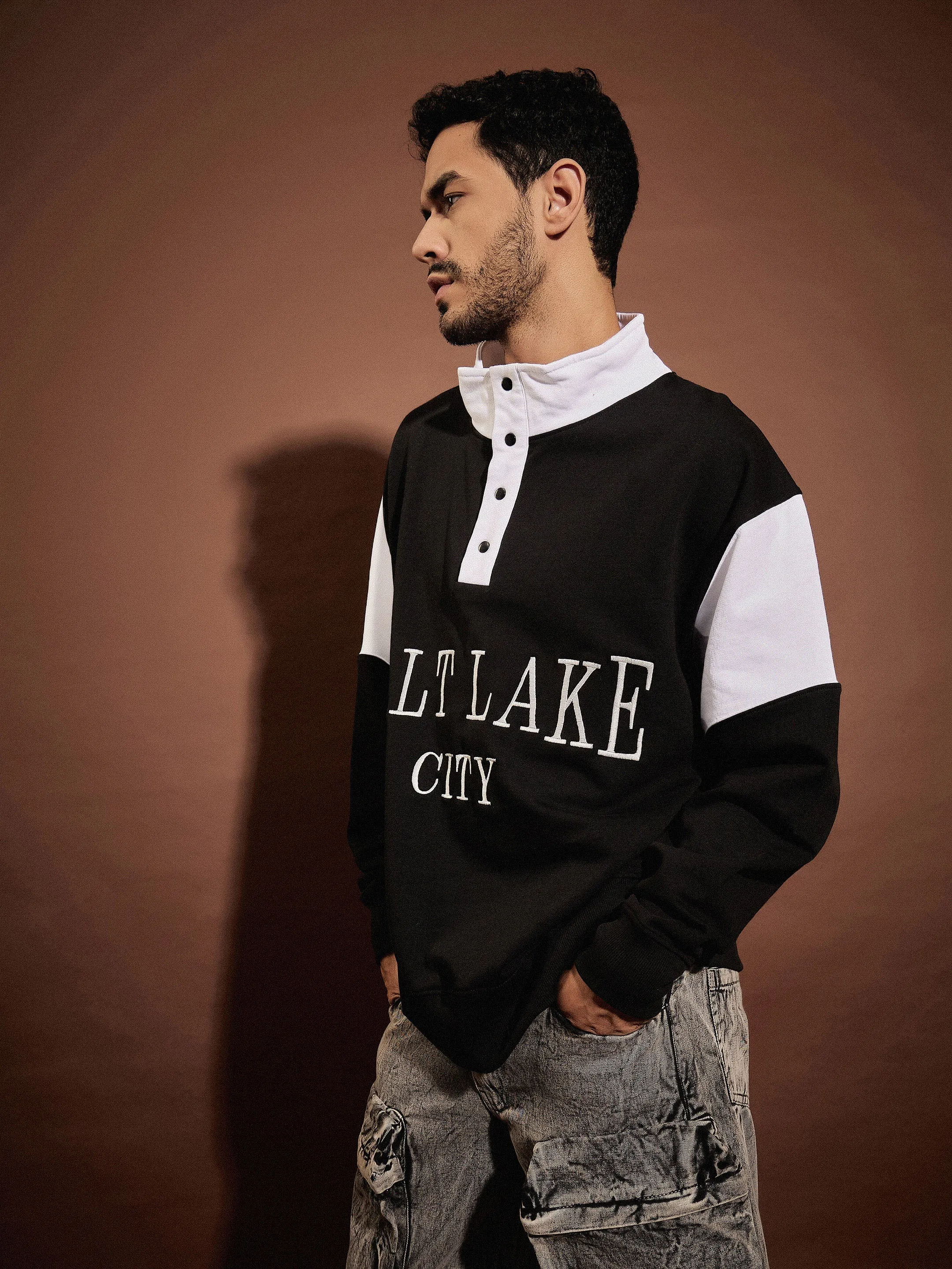 Men White & Black SALT LAKE Front Button Sweatshirt