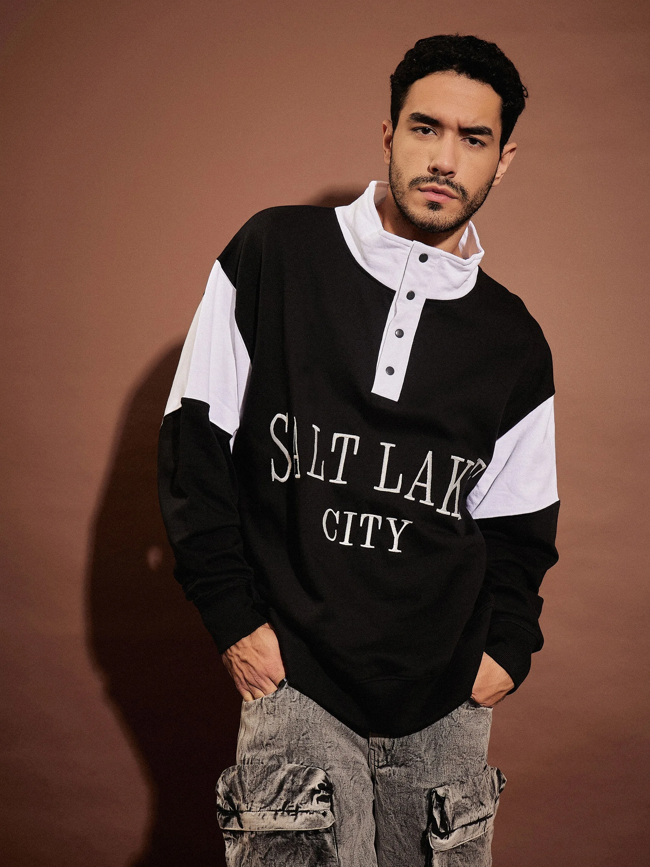 Men White & Black SALT LAKE Front Button Sweatshirt