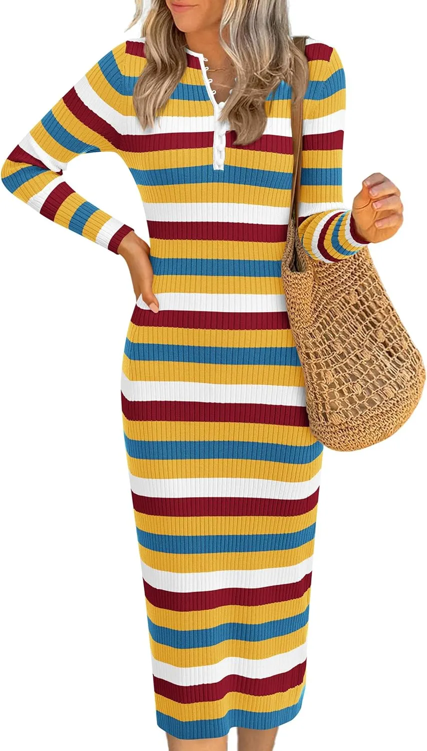 PRETTYGARDEN Women's Striped Spring Midi Sweater Dress Fall Long Sleeve Button Up V Neck Knit Bodycon Vacation Party Dresses