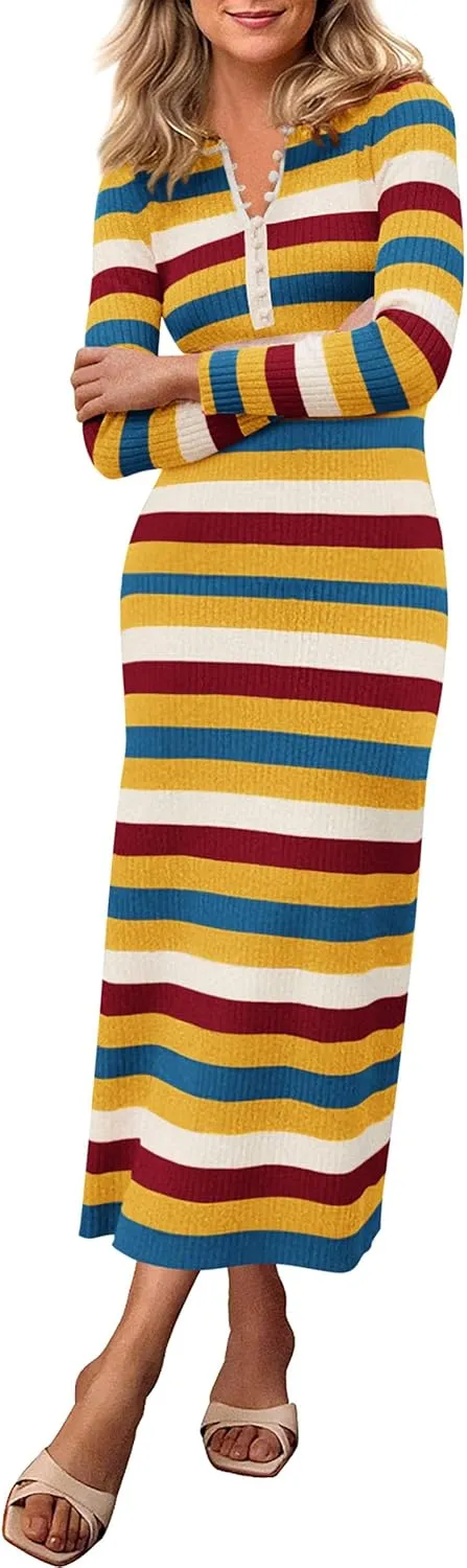 PRETTYGARDEN Women's Striped Spring Midi Sweater Dress Fall Long Sleeve Button Up V Neck Knit Bodycon Vacation Party Dresses