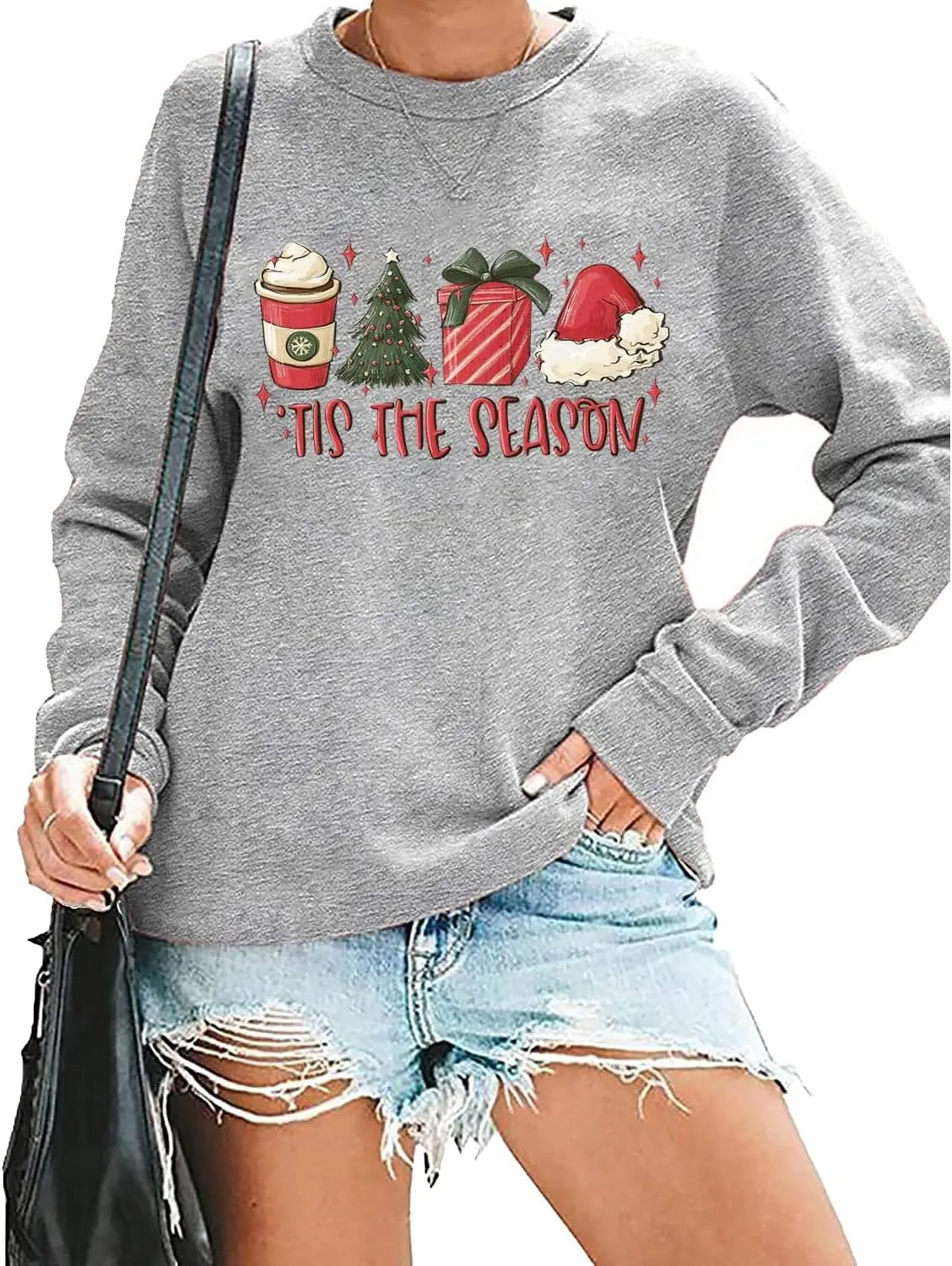 QIANRUO Tis The Season Christmas Sweatshirt Women Cute Xmas Tree Graphic Tee Casual Long Sleeve Winter Holiday Pullover Tops