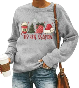 QIANRUO Tis The Season Christmas Sweatshirt Women Cute Xmas Tree Graphic Tee Casual Long Sleeve Winter Holiday Pullover Tops