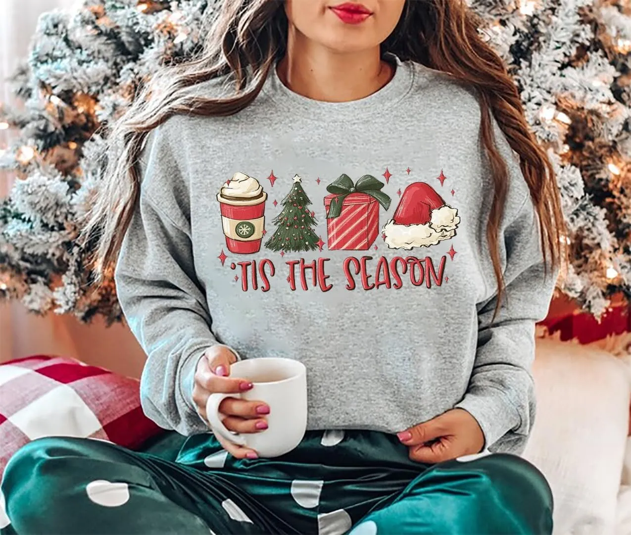 QIANRUO Tis The Season Christmas Sweatshirt Women Cute Xmas Tree Graphic Tee Casual Long Sleeve Winter Holiday Pullover Tops