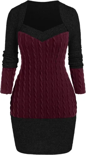 ROSE GAL Rosegal Women Plus Size Sweetheart Neck Two Tone Bodycon Long Sleeve Cable Knit Ribbed Mini Sweater Dress