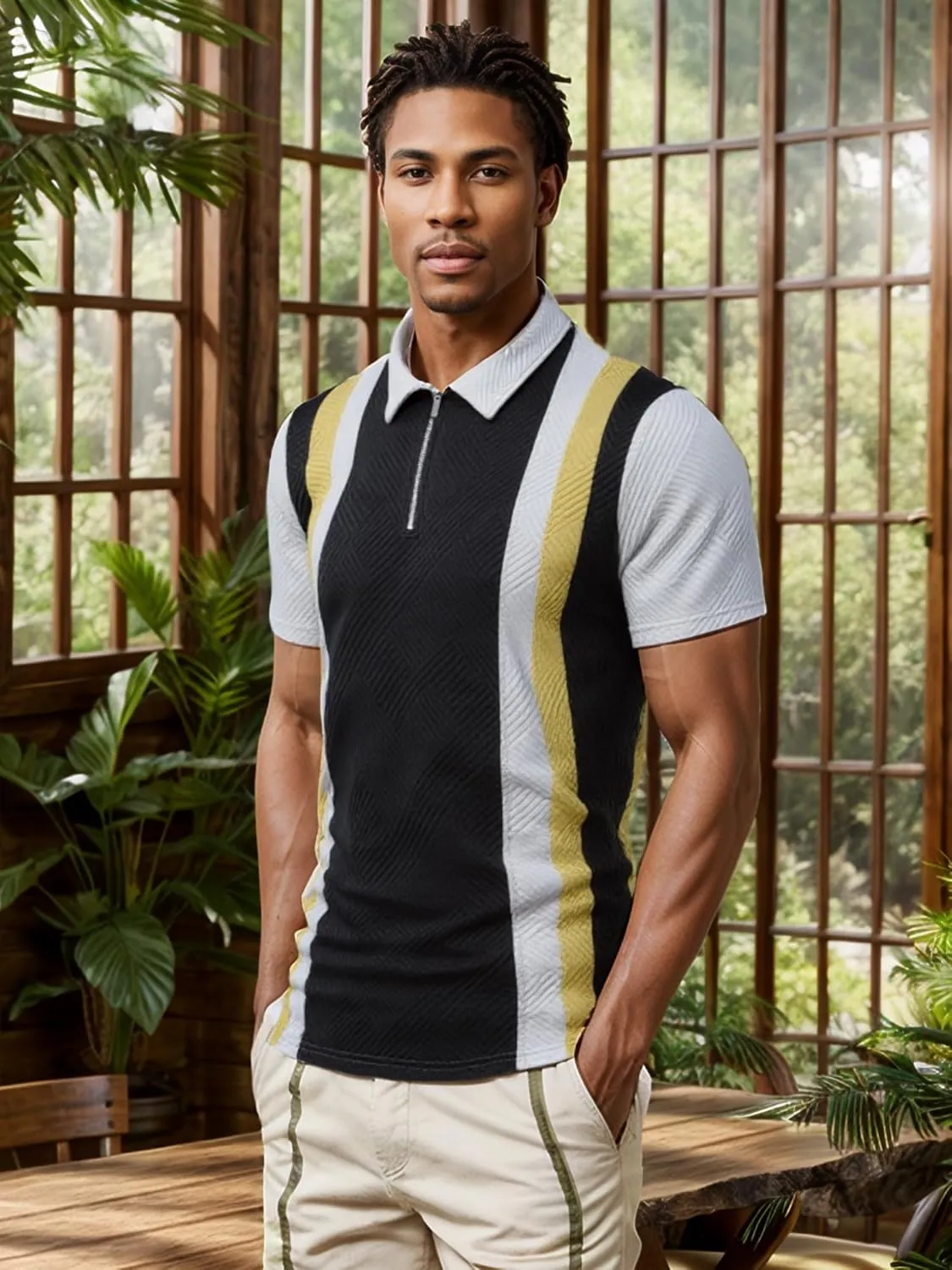 UOUA Men's Zipper Polo Shirts Short Sleeve Sweatshirts Soild Color Tops Striped Texture Casual Golf T