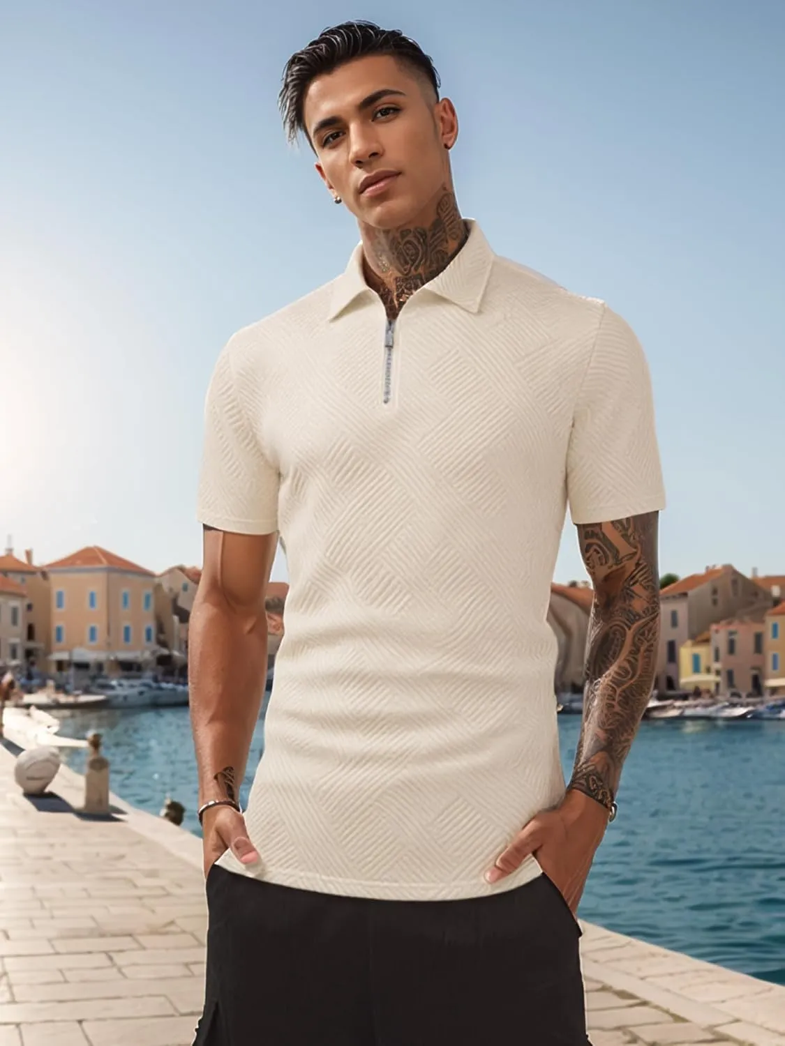 UOUA Men's Zipper Polo Shirts Short Sleeve Sweatshirts Soild Color Tops Striped Texture Casual Golf T