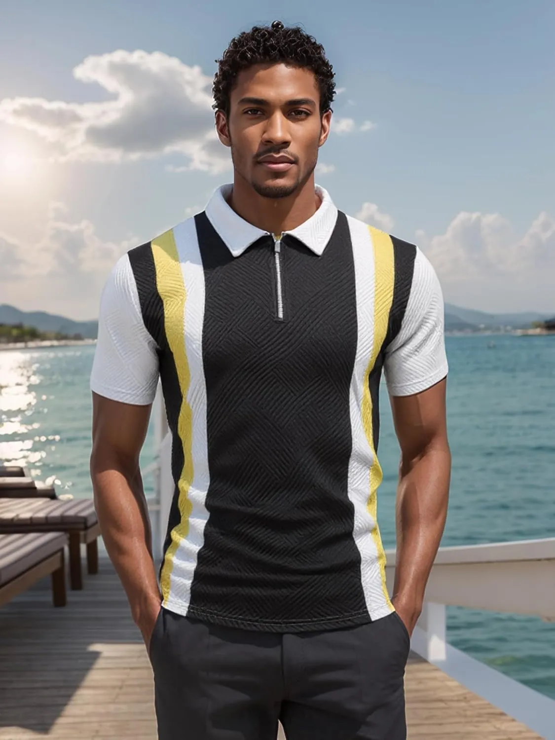 UOUA Men's Zipper Polo Shirts Short Sleeve Sweatshirts Soild Color Tops Striped Texture Casual Golf T