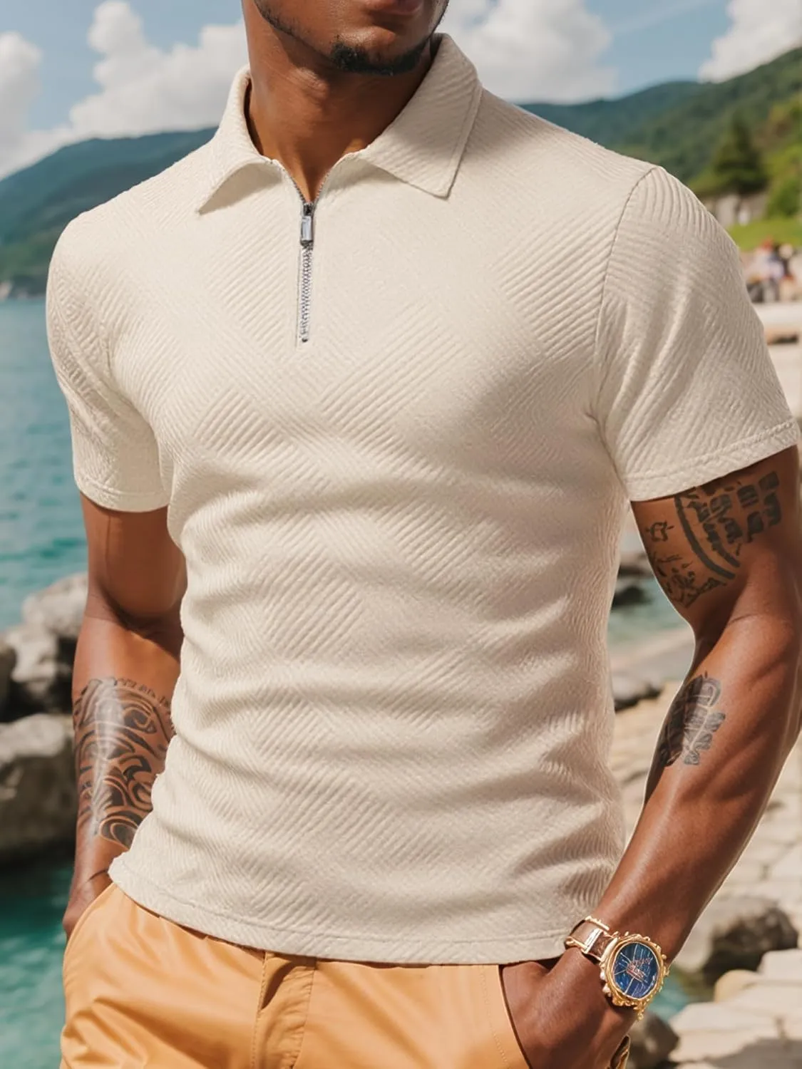 UOUA Men's Zipper Polo Shirts Short Sleeve Sweatshirts Soild Color Tops Striped Texture Casual Golf T